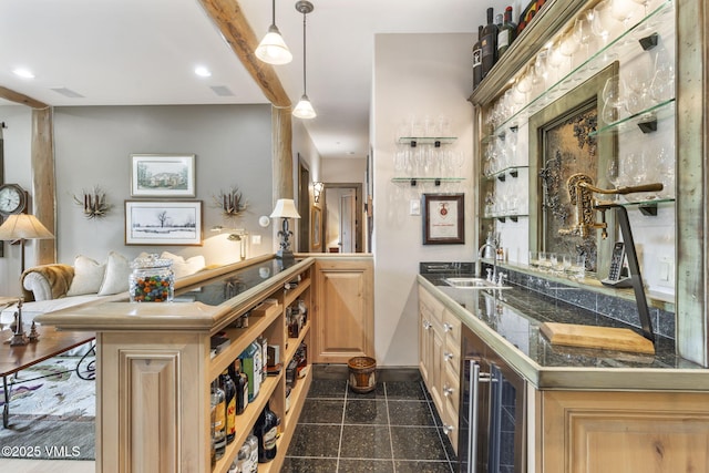 1416 Red Draw, Edwards, CO 81632 - indoor wet bar featuring wine cooler, granite tiled floors, recessed lighting, and hanging light fixtures