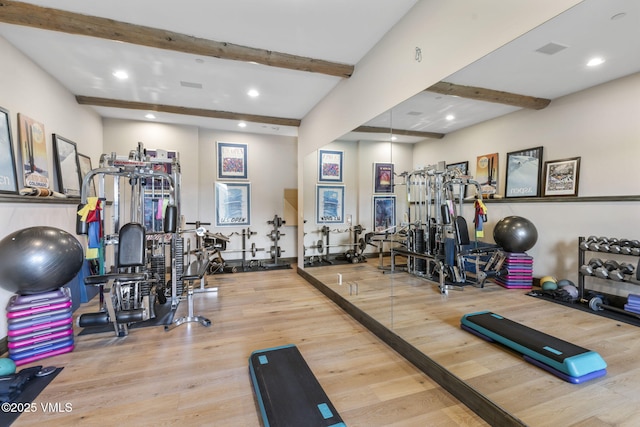 1416 Red Draw, Edwards, CO 81632 - exercise room featuring beam ceiling, wood finished floors, and recessed lighting
