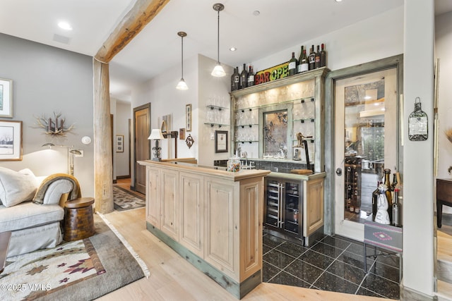 1416 Red Draw, Edwards, CO 81632 - indoor wet bar with wine cooler, pendant lighting, recessed lighting, and beamed ceiling