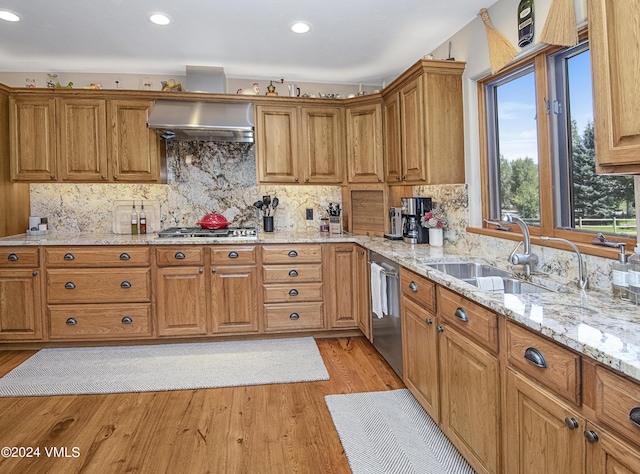 kitchen with sink, light stone counters, ventilation hood, light wood-type flooring, and stainless steel appliances