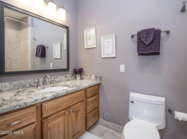 bathroom featuring walk in shower, vanity, and toilet