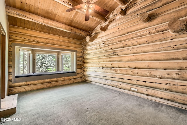 121 Hackamore Rd Unit A, Edwards, CO 81632 - unfurnished room featuring a wood ceiling with exposed beams, carpet, log walls, and a ceiling fan