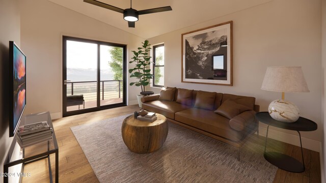 living room with light hardwood / wood-style flooring, vaulted ceiling, and ceiling fan