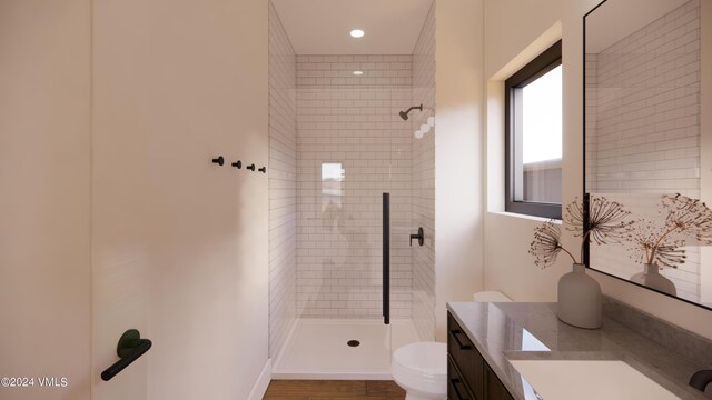 bathroom featuring vanity, toilet, and tiled shower