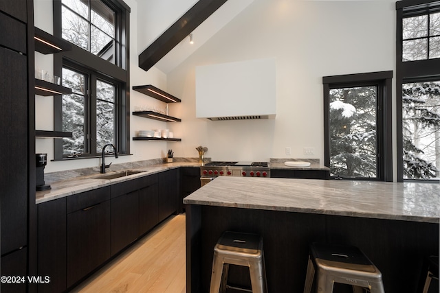 kitchen featuring open shelves, lofted ceiling with beams, a sink, high end range, and a kitchen bar