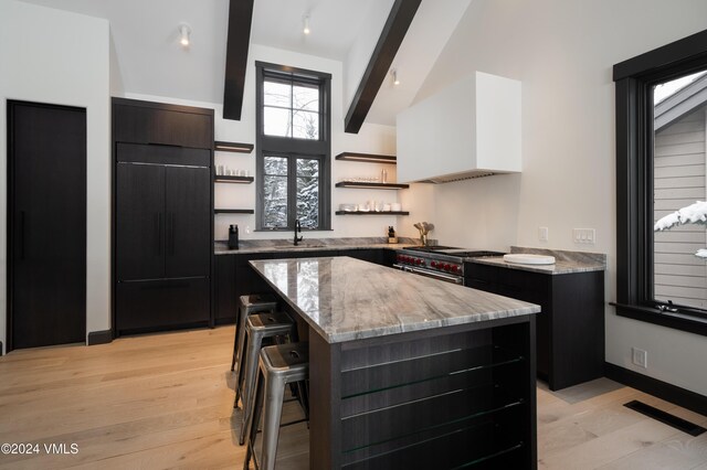 352 Cresta Rd, Edwards, CO 81632 - kitchen with open shelves, stainless steel stove, dark cabinets, a kitchen island, and high vaulted ceiling