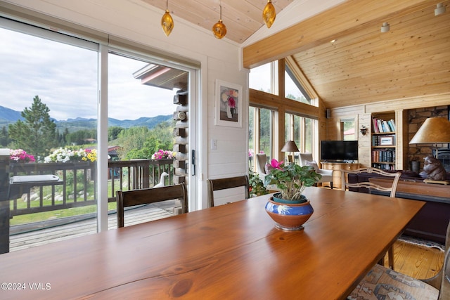 407 Meadow Rd, Edwards, CO 81632 - dining area with wooden ceiling, a wood stove, and wood finished floors