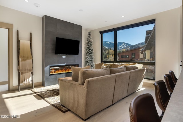 living room with a fireplace and light hardwood / wood-style floors