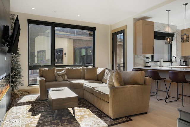 living room with sink and light hardwood / wood-style floors