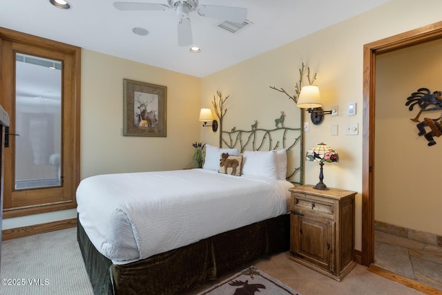 710 W Lionshead Cir Unit 501, Vail, CO 81657 - bedroom featuring light carpet, recessed lighting, and a ceiling fan