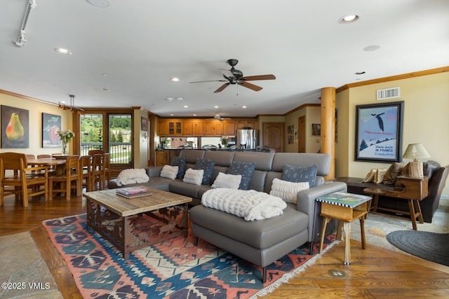 710 W Lionshead Cir Unit 501, Vail, CO 81657 - living room with a ceiling fan, crown molding, recessed lighting, and wood finished floors