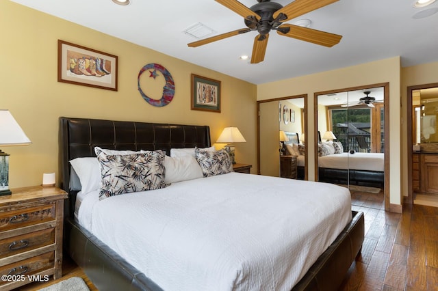 710 W Lionshead Cir Unit 501, Vail, CO 81657 - bedroom featuring recessed lighting, hardwood / wood-style flooring, two closets, and a ceiling fan