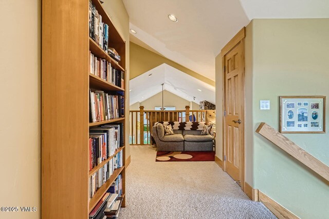 1987 Eagle Ranch Rd, Eagle, CO 81631 - corridor with an upstairs landing, carpet floors, and vaulted ceiling