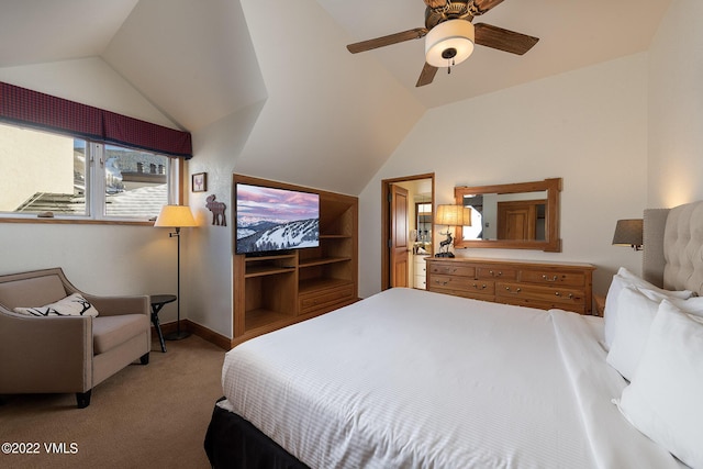 bedroom with ceiling fan, vaulted ceiling, and carpet