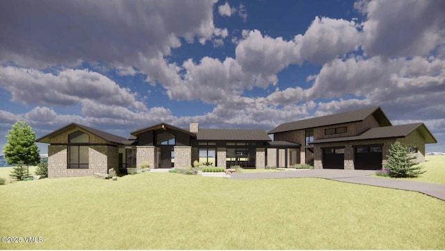 72 New York Mountain Rd, Eagle, CO 81631 - view of front facade with driveway, stone siding, a chimney, and a metal roof