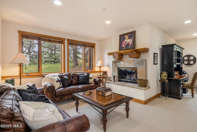 25 Cottage Cir, Edwards, CO 81632 - living room featuring recessed lighting, a premium fireplace, light colored carpet, and baseboards