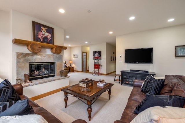 25 Cottage Cir, Edwards, CO 81632 - living room featuring recessed lighting, carpet, a tile fireplace, and baseboards