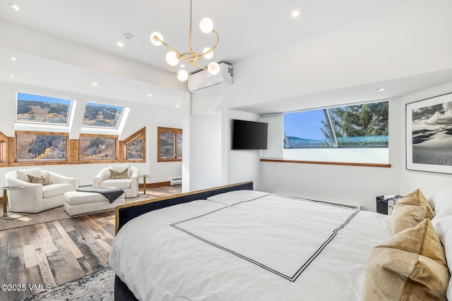 bedroom with hardwood / wood-style floors, baseboard heating, a chandelier, and a wall unit AC