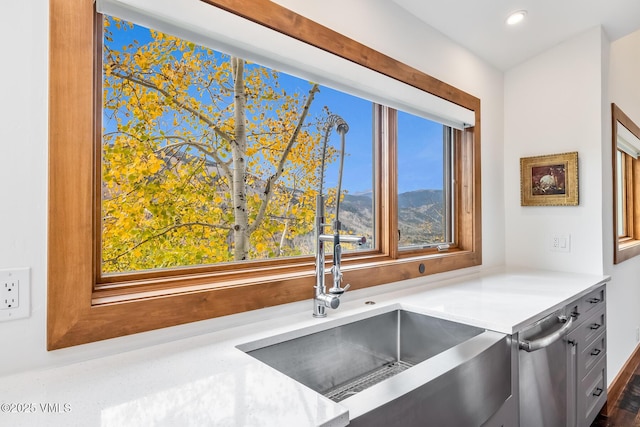 kitchen with sink and a mountain view