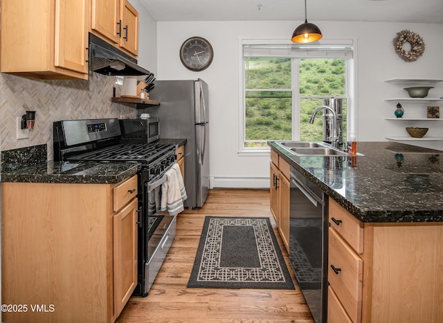 511 Metcalf Rd Unit I27, Avon, CO 81620 - kitchen with under cabinet range hood, a sink, appliances with stainless steel finishes, a baseboard radiator, and light wood-type flooring