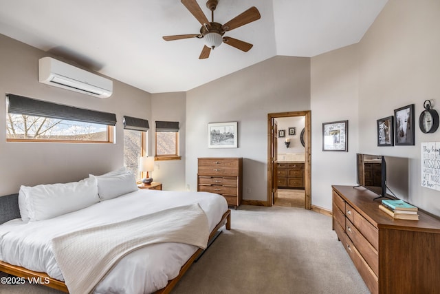2960 June Creek Trl Unit A, Avon, CO 81620 - bedroom featuring a wall mounted air conditioner, light colored carpet, lofted ceiling, connected bathroom, and a ceiling fan