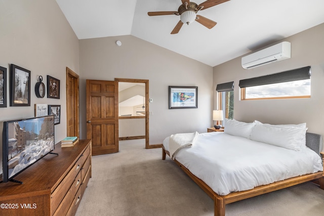 2960 June Creek Trl Unit A, Avon, CO 81620 - bedroom with a wall mounted air conditioner, light carpet, a ceiling fan, and high vaulted ceiling