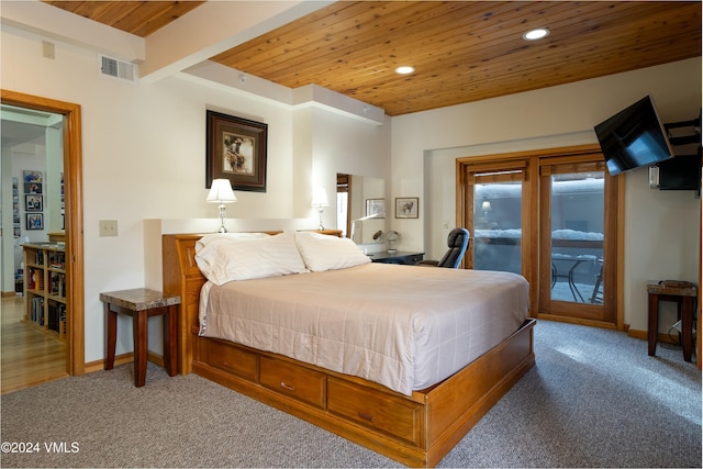 bedroom with beamed ceiling, wooden ceiling, access to exterior, and carpet