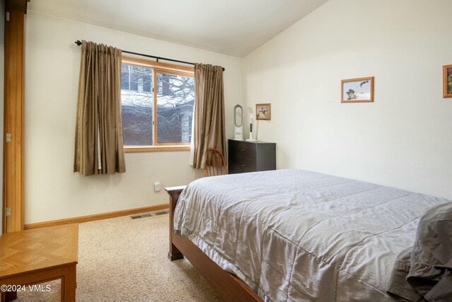 bedroom featuring vaulted ceiling and carpet flooring