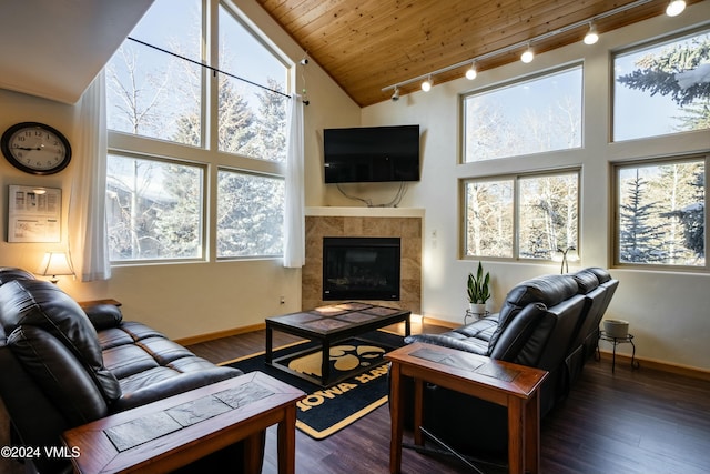 living room featuring a tile fireplace, high vaulted ceiling, rail lighting, dark wood-type flooring, and wooden ceiling