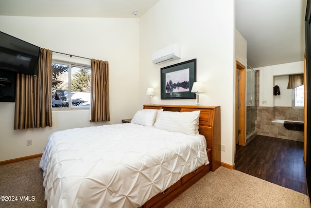 bedroom featuring a wall mounted AC, high vaulted ceiling, and multiple windows