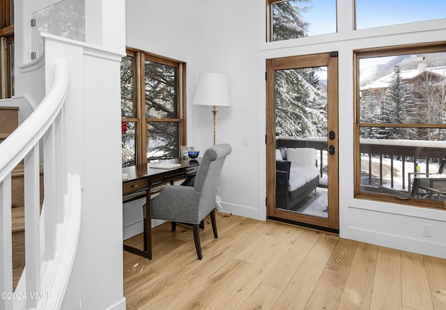 home office with a mountain view and light wood-type flooring