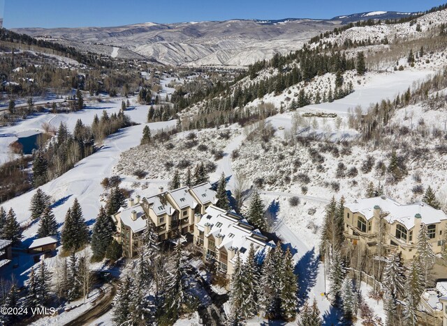 snowy aerial view with a mountain view