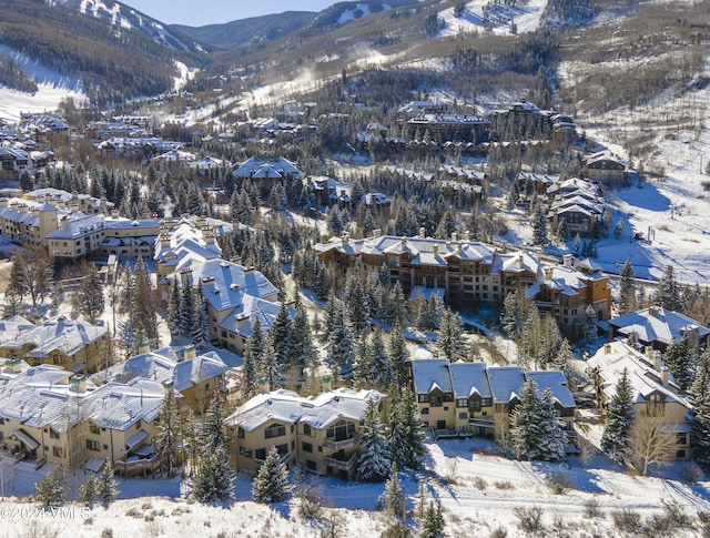 snowy aerial view with a mountain view