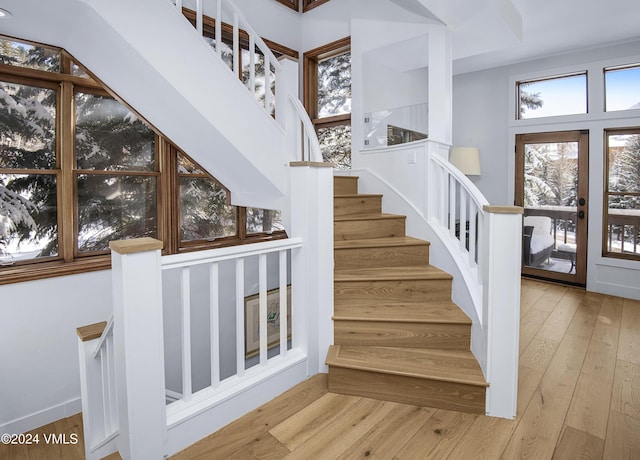 stairs featuring hardwood / wood-style flooring and plenty of natural light