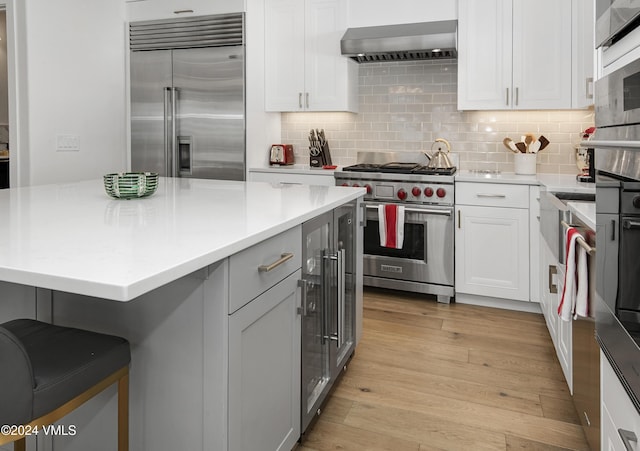 kitchen featuring backsplash, premium appliances, a center island, light hardwood / wood-style floors, and wall chimney exhaust hood