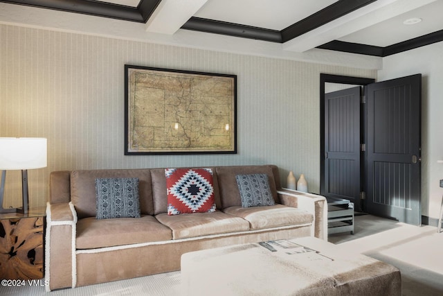 living room featuring crown molding and beamed ceiling