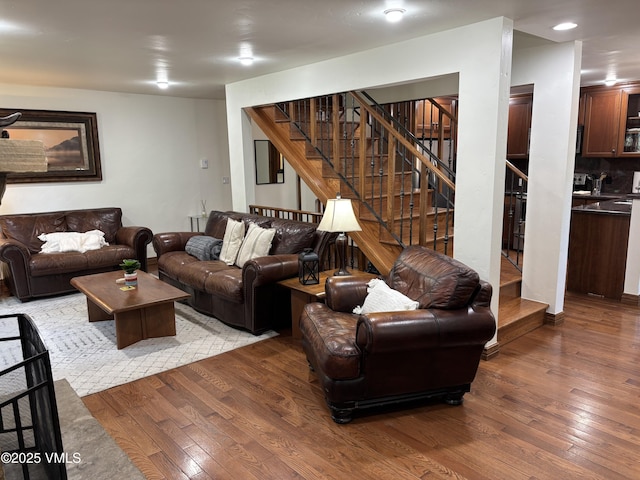 83 Larkspur Ln Unit A, Avon, CO 81620 - living room featuring hardwood / wood-style flooring, stairway, and recessed lighting
