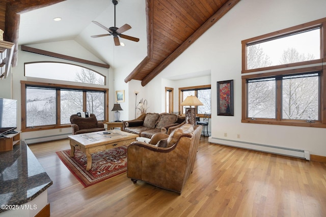 living room with baseboard heating, ceiling fan, high vaulted ceiling, and light wood-type flooring