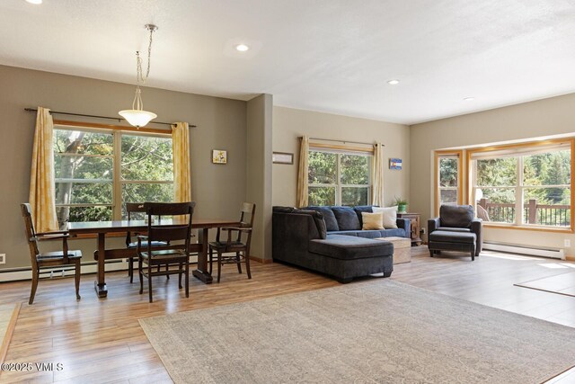 445 Pine St, Red Cliff, CO 81649 - living area featuring a baseboard heating unit, wood finished floors, and recessed lighting