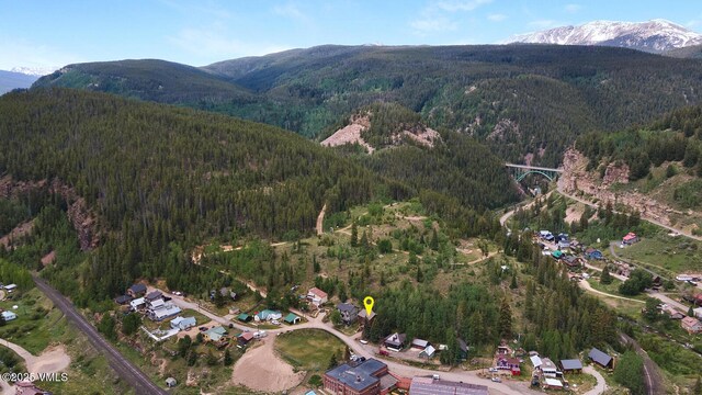 445 Pine St, Red Cliff, CO 81649 - aerial view of property and surrounding area featuring a forest and a mountain backdrop
