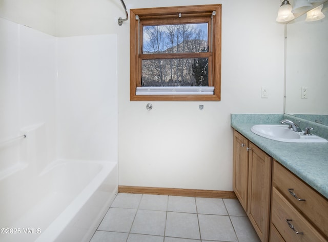 bathroom with tile patterned flooring, vanity, and a tub to relax in