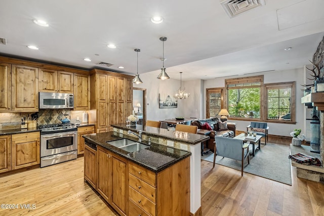 kitchen featuring appliances with stainless steel finishes, pendant lighting, sink, dark stone countertops, and a kitchen island with sink