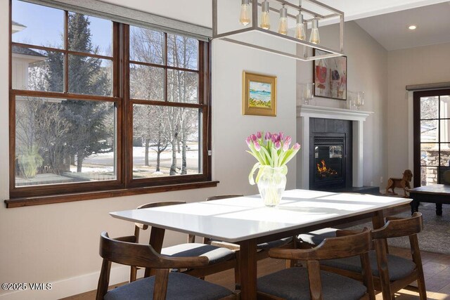 50 Bunker Way, Eagle, CO 81631 - dining area with recessed lighting, baseboards, a fireplace, and wood finished floors