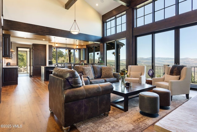 620 Jouflas Ranch Rd, Wolcott, CO 81655 - living room with hardwood / wood-style flooring, a mountain view, beamed ceiling, a high ceiling, and healthy amount of natural light