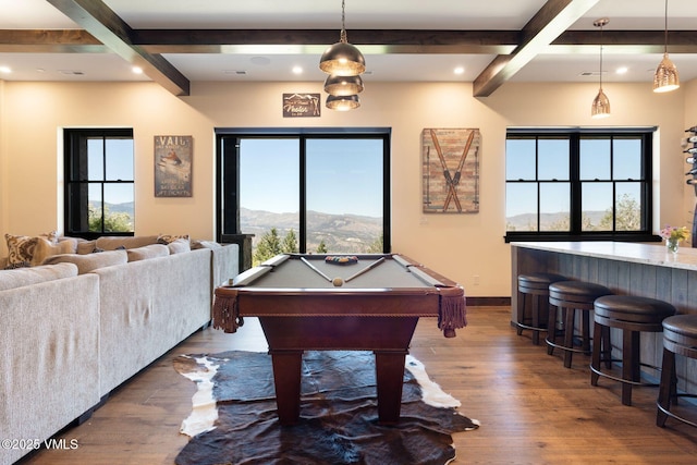 620 Jouflas Ranch Rd, Wolcott, CO 81655 - recreation room featuring beam ceiling, dark wood-style flooring, billiards, a mountain view, and recessed lighting