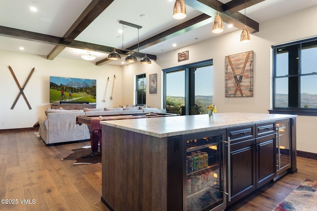 620 Jouflas Ranch Rd, Wolcott, CO 81655 - kitchen with dark wood-style flooring, wine cooler, beamed ceiling, light countertops, and coffered ceiling
