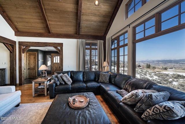 93 S Penstemon Ln, Eagle, CO 81631 - living room with beamed ceiling, high vaulted ceiling, wood finished floors, and wood ceiling