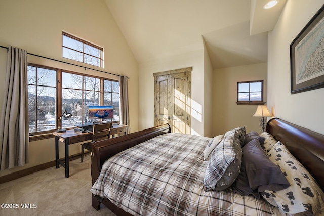 93 S Penstemon Ln, Eagle, CO 81631 - carpeted bedroom featuring baseboards, a mountain view, and high vaulted ceiling