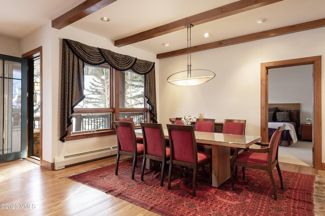 dining area featuring baseboards, beam ceiling, baseboard heating, recessed lighting, and wood finished floors