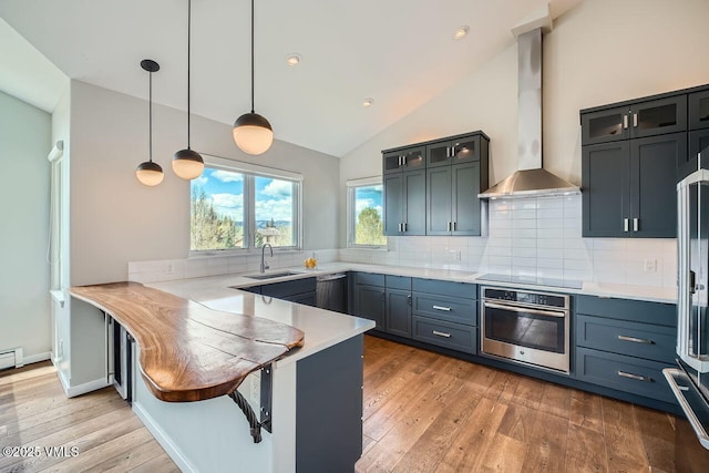 2900 June Creek Trl Unit B, Avon, CO 81620 - kitchen featuring appliances with stainless steel finishes, wall chimney range hood, lofted ceiling, a peninsula, and a sink